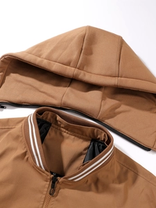 Men's brown functional jacket with detachable hood and striped ribbed stand collar