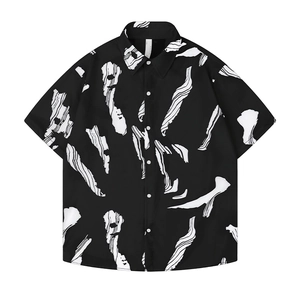 Men's Casual Short Sleeve Shirt Polyester Abstract Ink Print Lapel Button Down Hawaii Style Loose Fit Summer Top For Youth