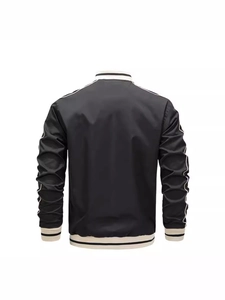 Back view of black bomber jacket with striped ribbed trim and white sleeve stripes