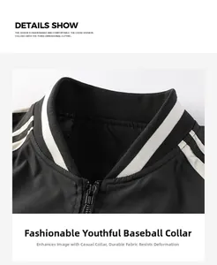 Dettaglio della giacca con colletto baseball a righe bianche e nere e zip in metallo