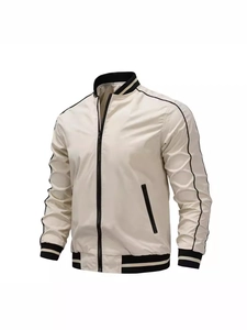 Men's off-white baseball jacket with black striped ribbing and sleeve webbing detail