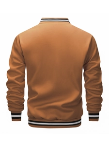 Men's caramel knit bomber jacket with black and white striped ribbed trim, back view