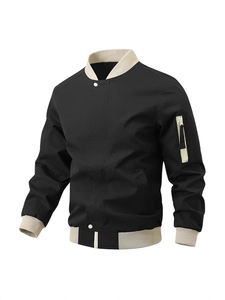 Men's black and white contrast baseball jacket with ribbed collar and zip arm pocket