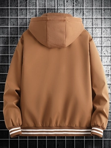 Men's tan lightweight hooded jacket featuring ribbed cuffs and a sporty back view design