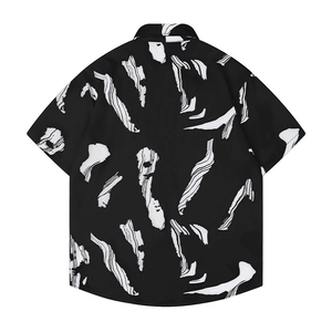 Men's loose short sleeve Hawaiian shirt with black and white abstract print, back view