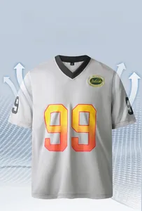 Close-up of breathable mesh fabric and gradient number 99 on gray sports jersey