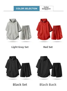 Detail view of quick-dry athletic set featuring hooded half-zip tops and drawstring shorts