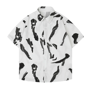 Men's loose Hawaiian shirt with black abstract ink print and short sleeves
