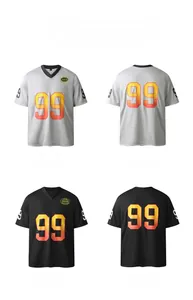 Detail view of V-neck jersey showing front and back with mesh fabric and gradient 99 print