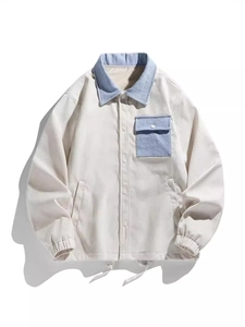 Men's retro corduroy patchwork jacket with contrasting blue collar and pocket details