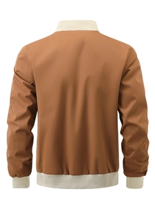 Men's brown bomber jacket back view with off-white ribbed collar and cuffs