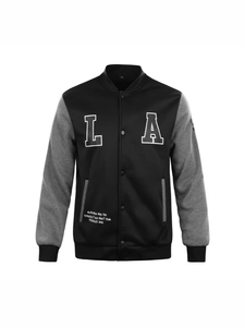 Men's baseball neck colorblock knit jacket in black and dark grey with LA embroidery