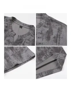 Détails d'un t-shirt gris tie-dye à col en V, tissu côtelé et étiquette de taille M