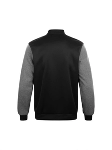 Back view of a black and grey color-block knit baseball jacket with ribbed cuffs