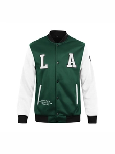 Dark green and white color-block baseball jacket with letter embroidery and snap buttons
