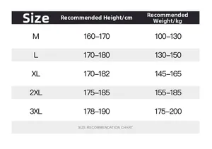 Size recommendation chart showing M to 3XL for summer breathable quick-dry sportswear
