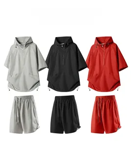 Breathable hooded sportswear set with laser-cut holes in gray, black, and red colors