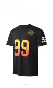 Detail of V-neck sports jersey showing breathable mesh fabric and gradient 99 print
