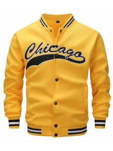 Yellow varsity jacket with Chicago embroidery and striped ribbed trim for men