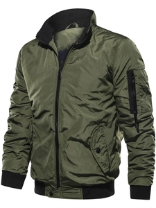Men's olive green bomber jacket with ribbed cuffs and utility arm pocket on white background