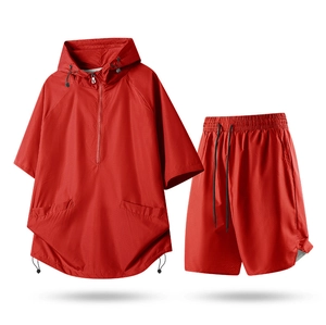 Red hooded short sleeve sportswear set with breathable mesh texture and drawstring details