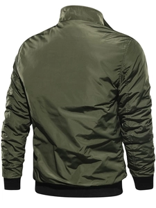 Men's olive green bomber jacket back view featuring ribbed cuffs and stand collar detail