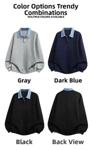 Detail of cable knit pattern and plaid collar on long sleeve men's polo sweatshirt