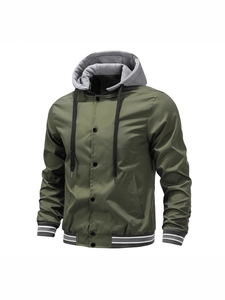 Men's Casual Windproof Bomber Jacket With Detachable Hood Striped Ribbed Cuff Snap Button Outerwear For Daily Outdoor