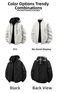 Detail view of men's bomber jacket with detachable hood and sleeve zipper pocket