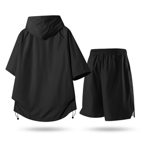 Back view of black quick-dry hooded sports set featuring mesh texture and drawstring hem