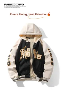 Detail of warm fleece lining and Los Angeles print on this hooded varsity jacket