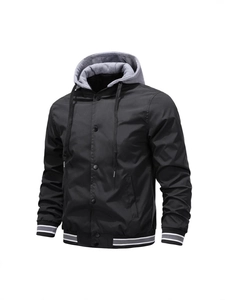 Men's black baseball jacket with grey detachable hood and striped ribbed cuffs