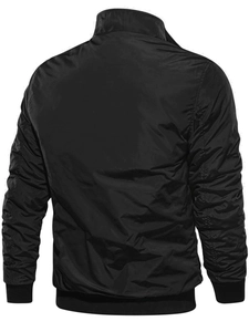 Back view of black bomber jacket with ribbed collar and sleek polyester finish for men