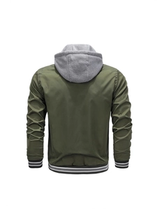 Army green hooded windbreaker jacket for men with grey detachable hood from back view