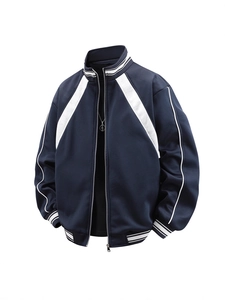 Men's heavy knit navy track jacket with white striped stand collar and sporty design