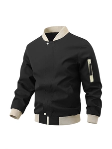 Blouson bomber noir pour homme avec bords-côtes beiges et poche zippée sur la manche