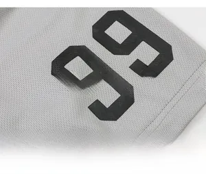 Detail of grey breathable mesh fabric with black 99 digital print on casual sports shorts