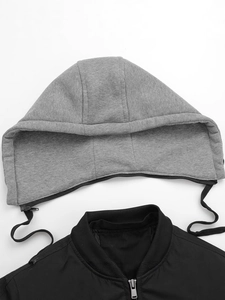 Men's baseball jacket featuring a detachable grey hood and black contrast stand-up collar