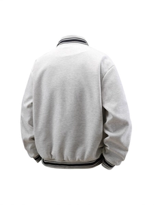 Back view of men's grey heavyweight knit jacket with contrast striped ribbed trims