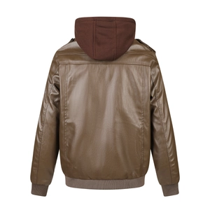 Vue arrière d'une veste en cuir marron avec capuche amovible et bords-côtes