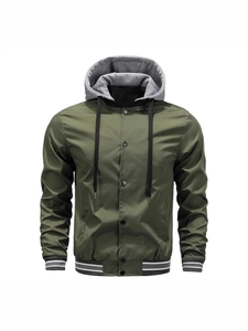 Men's army green baseball jacket with detachable grey hood and striped ribbed cuffs