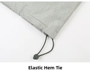 Detail of adjustable hem with elastic drawstring and toggle on breathable mesh fabric
