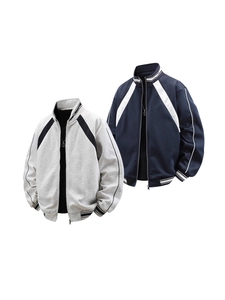 Men's heavyweight knit sports jacket featuring standing collar and contrast stripe sleeves