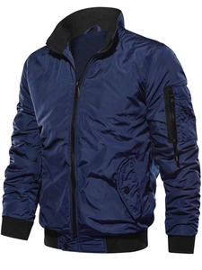 Men's navy blue bomber jacket with zip pockets and ribbed collar on white background