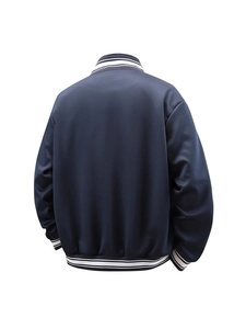 Men's heavyweight navy varsity jacket with striped ribbing on back view for outdoor wear