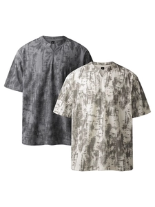 T-shirt oversize col en V pour homme avec imprimé abstrait artistique et effet tie-dye