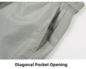 Detail macro shot of breathable light gray mesh fabric with a functional side pocket