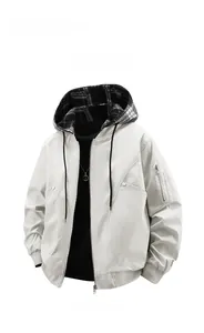 Detail view of men's ivory casual jacket with detachable hood and sleeve utility pocket