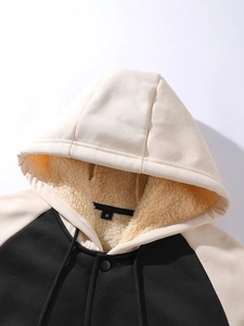 Men's winter hoodie with warm sherpa fleece lining and stylish contrast patchwork design