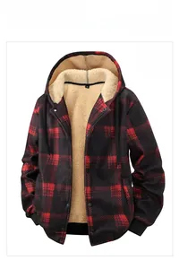 Detailed view of red and black plaid jacket with thick warm sherpa fleece lining inside